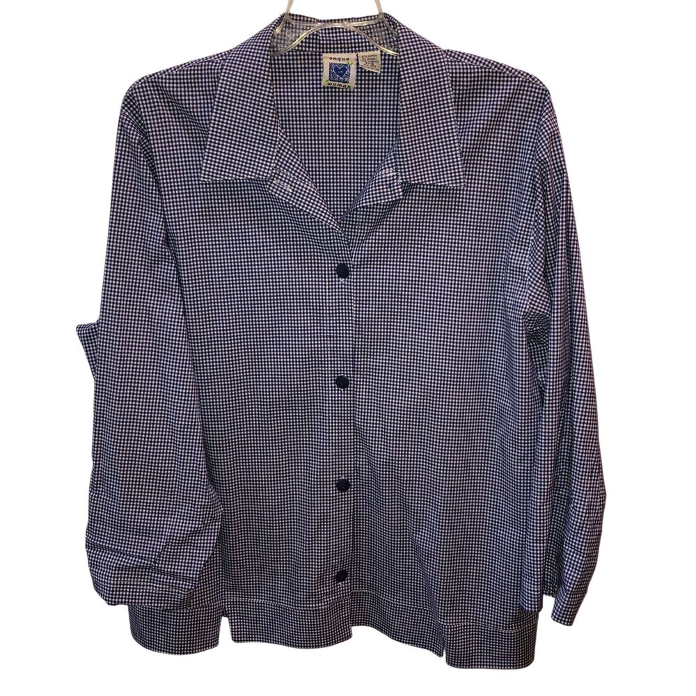 Onque Womens 1X Gingham Check Cotton Stretch Button Up Long Sleeve Blouse Shirt